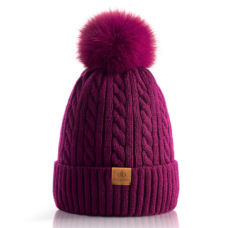 PAGE ONE Women Winter Pom Pom Beanie Hats Warm Fleece Lined,Chunky Trendy Cute Chenille Knit Twist Cap